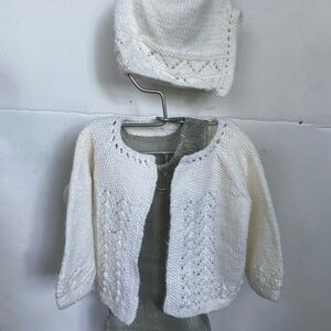 White Knit Baby Cardigan and Hat Set